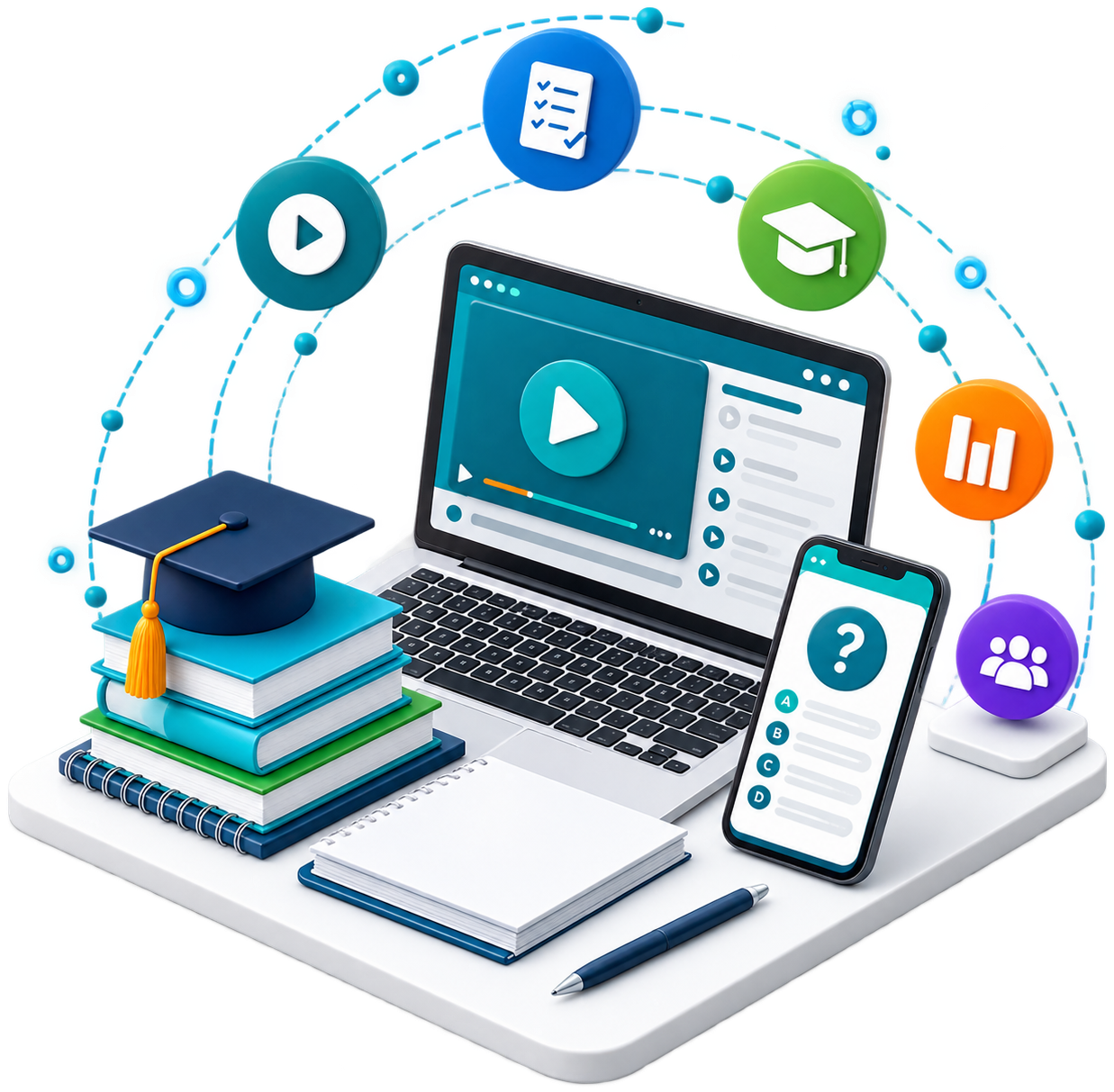 Eğitim çözümleri — video eğitim laptopu, sınav uygulamalı telefon, kitaplar ve mezuniyet kepi
