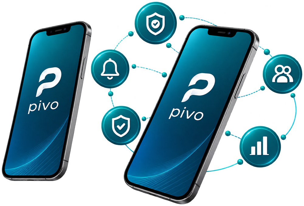 Pivo mobil uygulama — telefonlar ve özellik ikonları